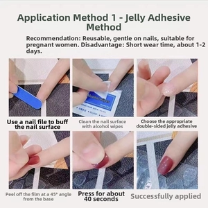 Detailed step-by-step tutorial for applying press-on nails with tool kit including adhesive
