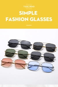 Six assorted colors of large square metal pilot sunglasses shown in a grid layout