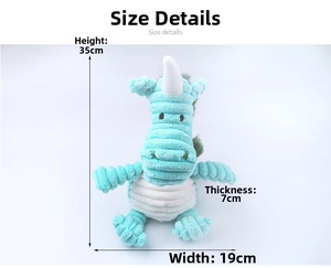 Blue plush dog squeaky toy showing dimensions 35cm height and 19cm width on white background