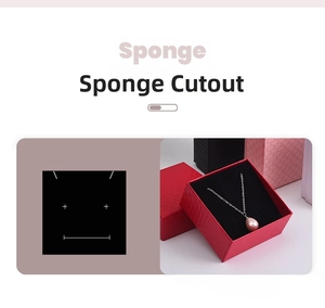 Detail showing red jewelry box with sponge cutout for pearl necklace storage and display