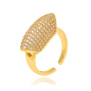 Minimalist gold open ring with shield-shaped micro-pave crystals on white background