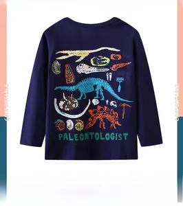 Detail of navy cotton boy's long sleeve tee with dinosaur fossil and archaeology print
