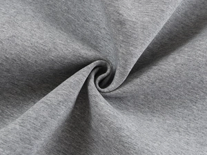 Macro shot of grey heather knit fabric showing soft texture and premium draping quality