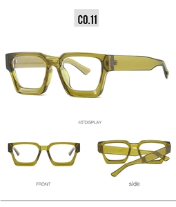 Detailed views of translucent olive green square frame glasses from multiple angles
