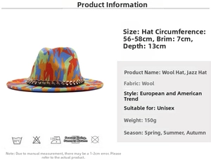 Detail view of graffiti wool fedora with metal chain, including size specs and dimensions