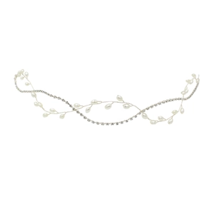 Elegant bridal hairband with silver wire, white pearls and sparkling crystals on white background