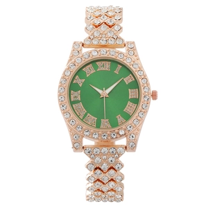Rose gold women's watch with green Roman dial and full rhinestone paved bracelet