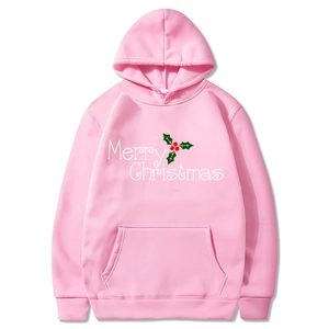 Pink Christmas hoodie for men and women with Merry Christmas print and holly graphic