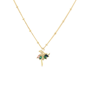 Ballerina pendant necklace with multicolor zircon stones on a gold chain, front view