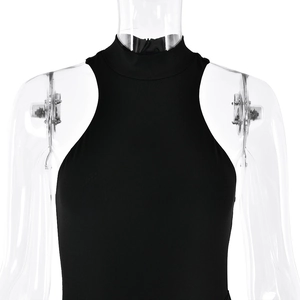 Detail of black sleeveless high neck拼接 dress with form-fitting stretch fabric texture