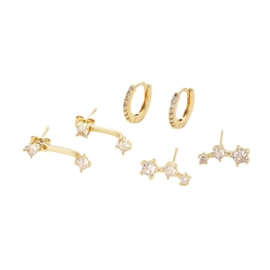 Three-pair set of gold plated stud earrings with sparkling cubic zirconia stones