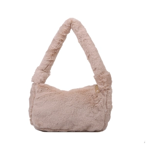 Chic beige fuzzy faux fur shoulder bag with soft plush texture and golden zipper
