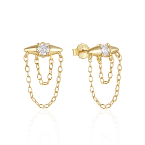 Detail of S925 sterling silver gold stud earring with tassel chains and S925 hallmark