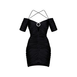 Raffiniertes schwarzes Satin-Minikleid mit Neckholder und Strassring-Detail für Damen