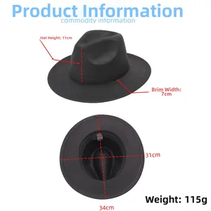 Detail view of black fedora hat showing 57cm size label and 7cm wide brim dimensions
