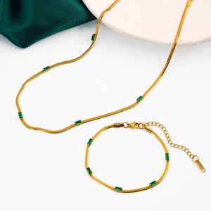 Herringbone Chain Necklace And Bracelet Titanium Steel 18K Gold Plated Green Rectangular Zircon Inlay Elegant Jewelry