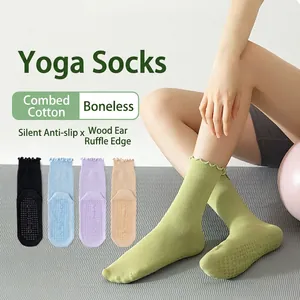 Non Slip Yoga Socks Combed Cotton Lettuce Edge Mid Tube For Women Pilates Fitness Gym Athletic