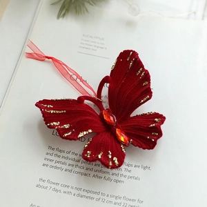 Red velvet Christmas butterfly ornament with gold sequins and rhinestones for tree decor