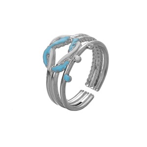 Detailed close-up of open-style knot ring featuring elegant blue and white enamel inlay