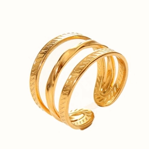 Detailed view of 18k gold plated triple-layer ring with textured geometric engravings