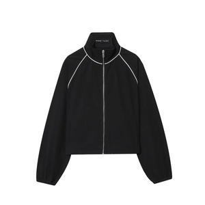 Women Zip Up Sport Jacket Stand Collar Nylon Polyester Woven Coat With White Piping Raglan Sleeve Casual Streetwear