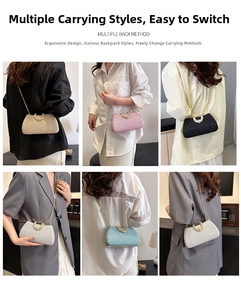 Detailed views of sequined clutch bags in six colors with rhinestone buckle and chain
