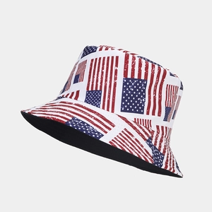 Detail of distressed American flag print on a cotton bucket hat with vintage styling