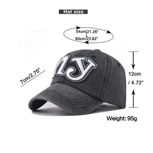 Detailed measurement guide for washed cotton NY baseball cap with dimensions and weight