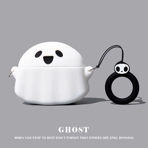 Ghost-shaped silicone case for AirPods with a skull keychain and a black carabiner detail