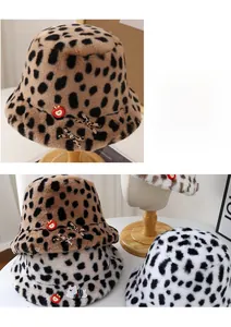 Detailed plush leopard bucket hats with animal prints and decorative badges for winter