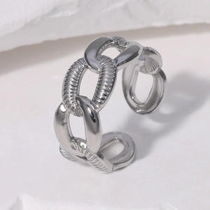 Silver chain ring with spiral texture and polished links in adjustable open design