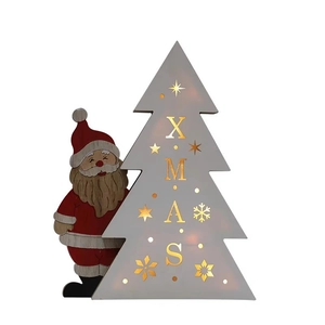 Luminous wooden Santa Claus and white Christmas tree table ornament with XMAS cutout