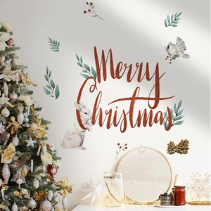 Christmas wall stickers with Merry Christmas text, rabbits and green leaves for home decor