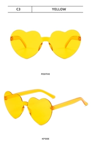 Front and 45-degree side views of bright yellow heart-shaped rimless sunglasses