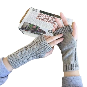 Guantes sin dedos de punto gris con trenzado para hombre y mujer, abrigo de invierno