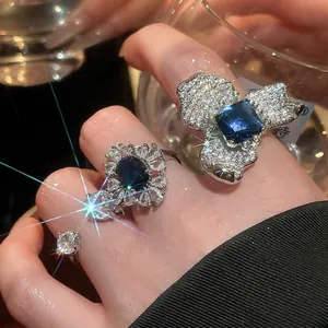 Bague Fleur Goutte D'eau Zircon Bleu Cuivre Plaqué Argent Luxe Élégant Bijoux Brillants Pour Femme