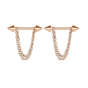 Detail of rose gold nipple rings with double chains and cone ends in stainless steel