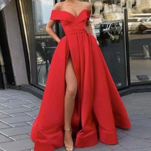Evening Dress Women Satin Off Shoulder V Neck High Slit Elegant Formal Prom Gown Wedding Guest Party Long Floor Length