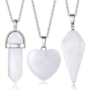 Three-piece necklace set with white crystal hexagonal column and heart pendants