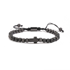 Adjustable black beaded bracelet with metal pineapple beads and a cross pendant for men