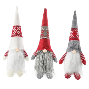 Three Christmas Gnomes set in red, grey, and white with long hats and faux fur beards