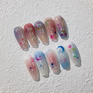 5D embossed star and moon floral nail art stickers with gradients and 3D rhinestones