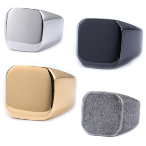 Minimalist shield-shaped signet rings for men in silver, gold, black, and matte grey