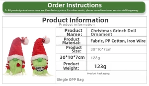 Détails des gnomes de Noël Grinch avec spécifications du matériau en tissu et dimensions