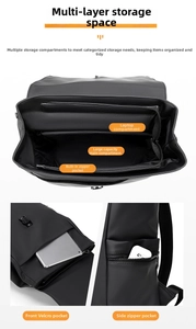 Detail view of multi-layer interior storage and laptop compartment for travel backpack