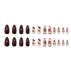 Brown almond press on nails with French marble coffee bean and hand-painted art designs