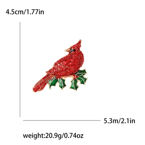 Sparkling red cardinal bird brooch with green holly leaves and crystals for women coat