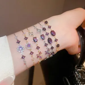 Purple Zircon Adjustable Bracelet Butterfly Flower Geometric Elegant Copper Light Luxury Fashion Jewelry For Women