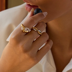 18K gold plated stainless steel wave rings with pear-cut zircon and twisted rope design