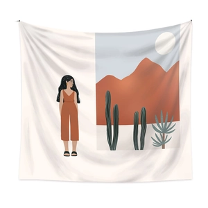 Detail of Bohemian tapestry with warm earth tones and minimalist artistic illustration